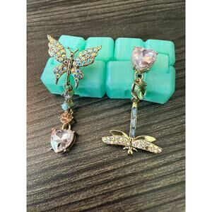 Betsey Johnson Blooming Betsey Pink Heart Butterfly Dragonfly Crystal Earrings